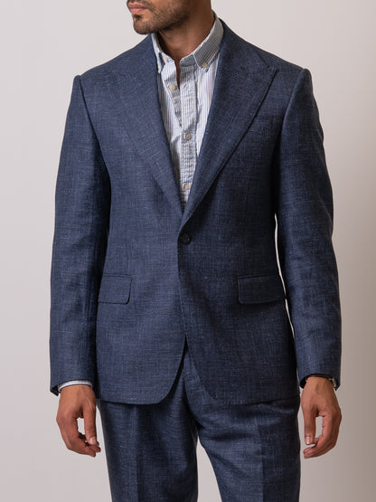 Front view of the made-to-measure light blue linen-wool blend suit single-button blazer and fluid drape