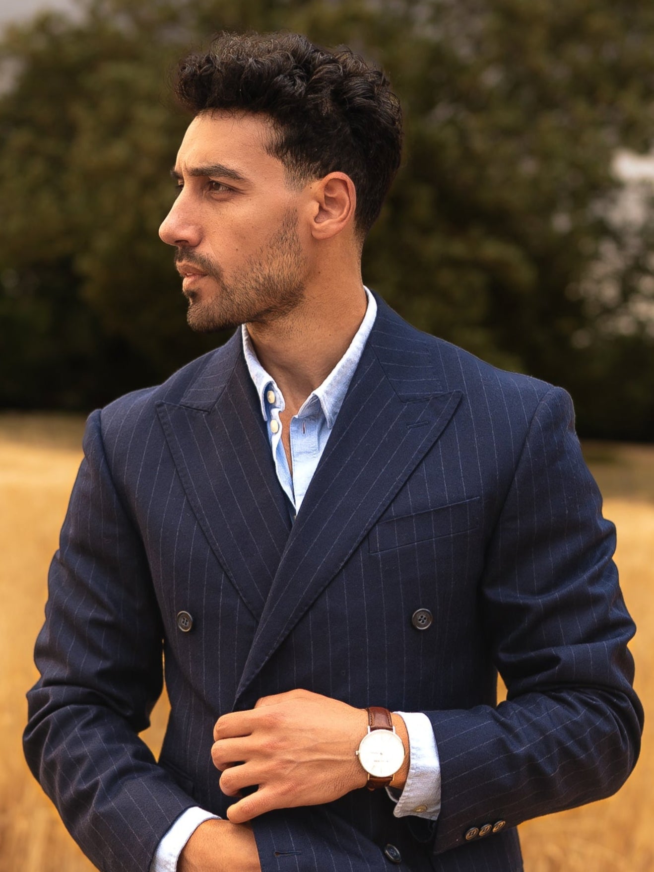 Man in a navy pinstripe suit standing in a field with trees in the background